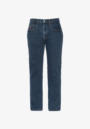 Granatowe dżinsy o prostym kroju, pięć kieszeni, z kontrastującym szwem. Posiadają zapięcie na guzik i delikatne przetarcia.