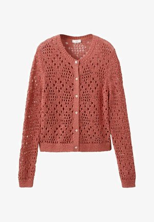 Džemperić od trice u nježno ružičastoj boji, s otvorenim heklanim uzorkom, prednjim gumbima, dugim rukavima i rebrastim rubom i manžetnama.