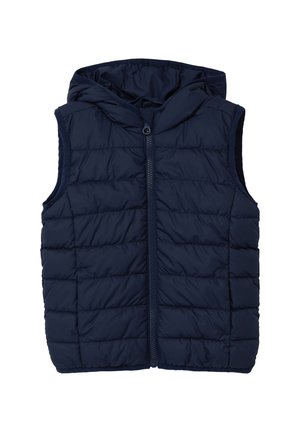 Marineblauw gewatteerd mouwloos vest met ritssluiting aan de voorkant en een vast hengsel, ontworpen voor warmte en casual gebruik.