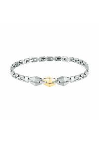 Bracciale in acciaio inossidabile con maglie quadrate e rettangolari alternate. Il centro presenta un accento dorato in una forma geometrica. Finitura lucida.