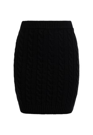 Musta neulehame, jossa on kaapelikuvio, ribbausvyötärö ja vartalonmyötäinen muoto. Sileä pinta parantaa muotoilua.