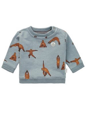 Felpa azzurra chiaro per bambini con varie illustrazioni di bradipi marroni in diverse posizioni, maniche lunghe e un bottone a pressione vicino al collo.