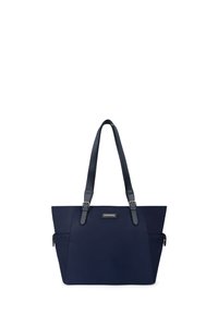 Marineblauwe totebag met een elegant ontwerp, dubbele handgrepen en een textuurfinish. Voorzien van een voorvak en hardware in zilverkleur als accent.