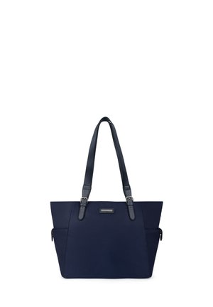 Marineblauwe totebag met een elegant ontwerp, dubbele handgrepen en een textuurfinish. Voorzien van een voorvak en hardware in zilverkleur als accent.