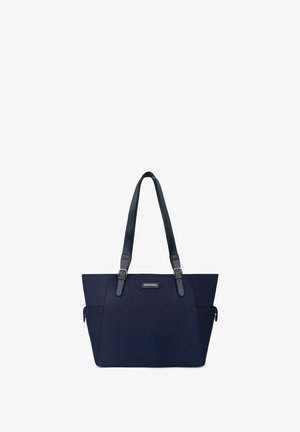 Borsa a spalla blu navy dal design elegante, con doppi manici e una finitura testurizzata. Presenta una tasca frontale e accessori in tonalità argentata per un tocco di stile.