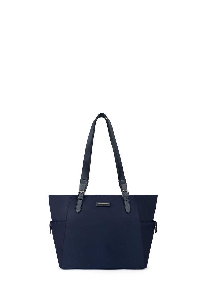 Marineblauwe totebag met een elegant ontwerp, dubbele handgrepen en een textuurfinish. Voorzien van een voorvak en hardware in zilverkleur als accent.