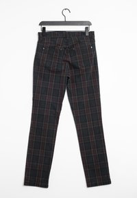 Pantalons à carreaux noirs et bourgogne avec une coupe slim, en denim, dotés d'un design à cinq poches et d'une ceinture avec passants.