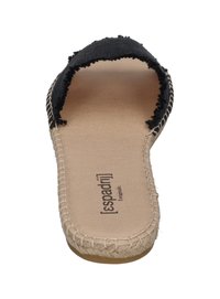 Black espadrille slide with frayed fabric upper, natural jute sole, and beige insole. Features stitching along the sole edge.