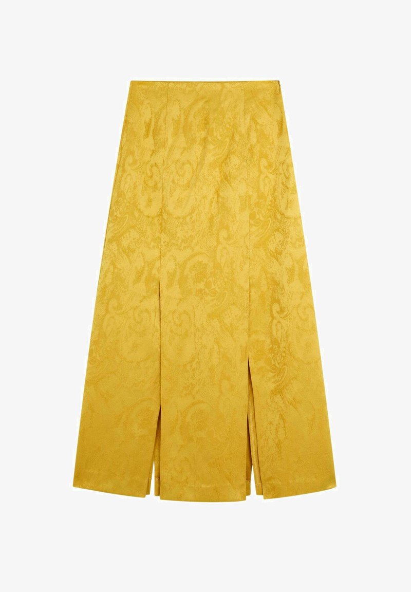 Jupe jaune texturée avec un motif paisley subtil, deux fentes frontales et une coupe droite et tailleur.