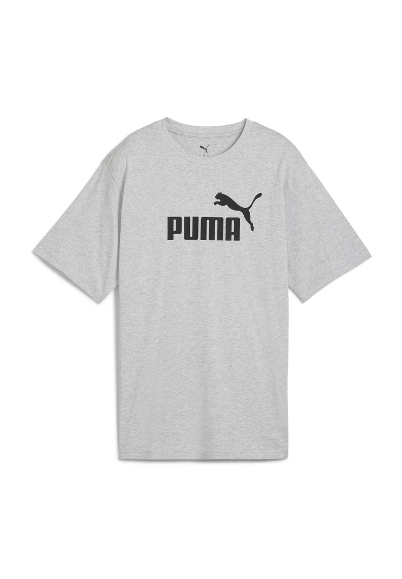 Grå kortärmad t-shirt i bomullsmix med en stor svart "PUMA"-logotyp och en hoppande puma-grafik på framsidan.