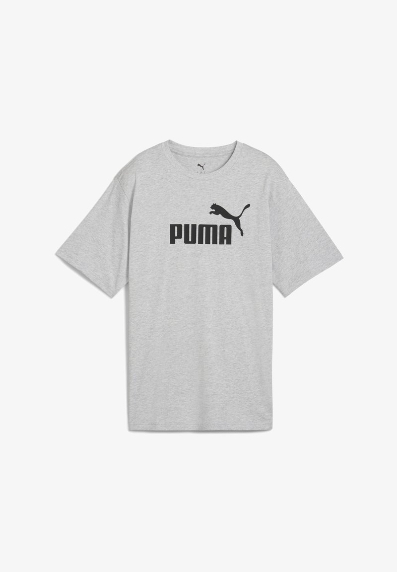 Grå kortärmad t-shirt i bomullsmix med en stor svart "PUMA"-logotyp och en hoppande puma-grafik på framsidan.