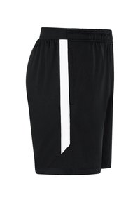 Schwarze Sportshorts mit einem weißen Akzentstreifen, aus leichtem Material gefertigt, mit einem elastischen Bund und einer Seitentasche.