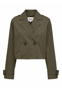 Korte olijfgroene dubbelbreasted jas met een reverskraag, zwarte knopen en verstelbare banddetails bij de mouwen. Glad stoftextuur.