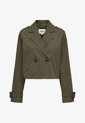 Korth svart olivenfarget dobbeltspent jakke med slagkrage, sorte knapper, og justerbare stroppdetaljer ved håndleddene. Glatt stoffstruktur.