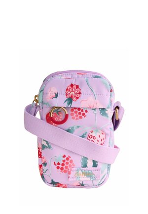 Geantă mică lavandă de umăr, cu model floral și de fructe roșu și roz, curea reglabilă și fermoar cu inel auriu.