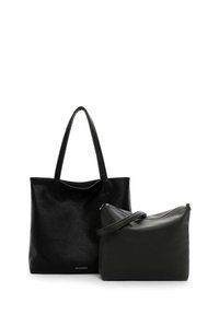 Deux sacs à main en cuir noir, un grand cabas avec des poignées et un plus petit sac bandoulière zippé, présentés sur un fond blanc.