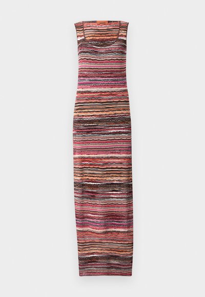 Prugasta brezrokavna maksi obleka v večbarvnih odtenkih roza, oranžne in črne barve. Mehka, teksturirana tkanina z oblikovanim krojem. Okrugli izrez.