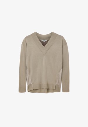 Beige long-sleeve V-neck sweater with ribbed cuffs and hem, featuring side panel accents and slight high-low hem detail.