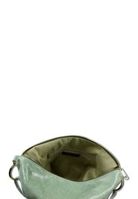 Groene leren handtas met een gladde textuur, ritsafsluiting en een binnenzak. De voering heeft een contrasterende olijfgroene kleur.