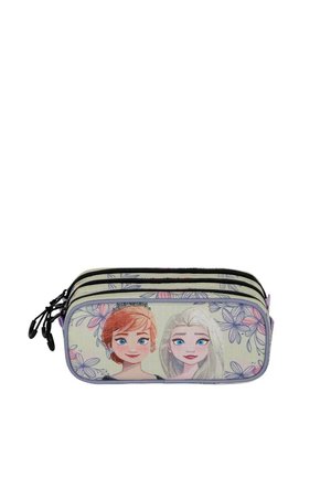 Estuche de lápices con tres compartimentos con cremallera, que presenta un fondo en tonos pastel con ilustraciones de dos personajes y toques florales.