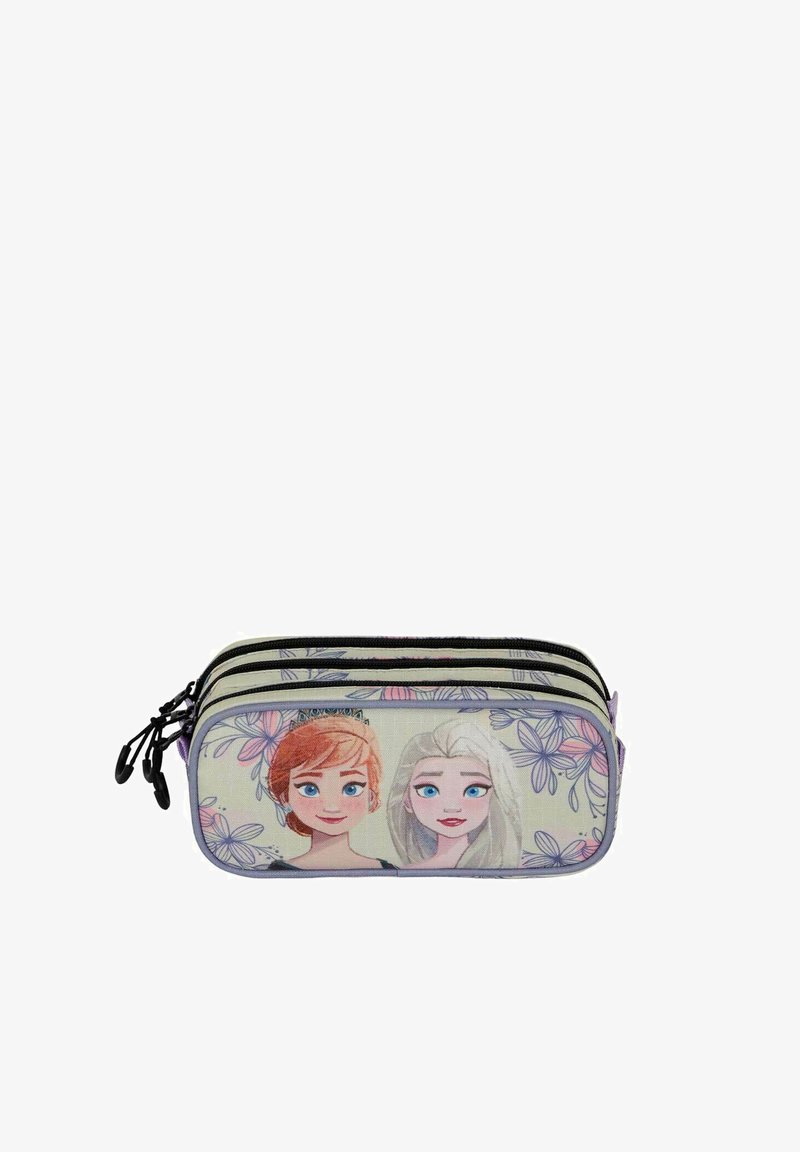 Trousse avec trois compartiments zippés, présentant un fond pastel avec des illustrations de deux personnages et des accents floraux.