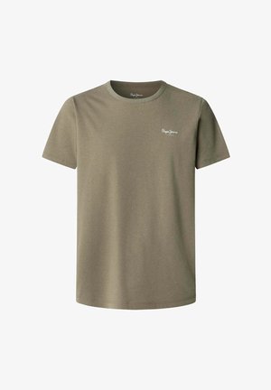 Camiseta de manga corta verde oliva en suave tejido de algodón. Con cuello redondo y pequeño logo blanco en el pecho. Corte clásico.