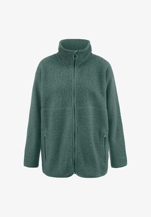 Grüne Fleecejacke mit hohem Kragen, Reißverschluss vorne und zwei Seitentaschen. weiche Textur mit glatter Oberfläche und ohne sichtbare Muster.