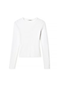 Haut blanc à manches longues en maille côtelée avec col rond et coupe courte, présenté à plat sur un fond blanc.