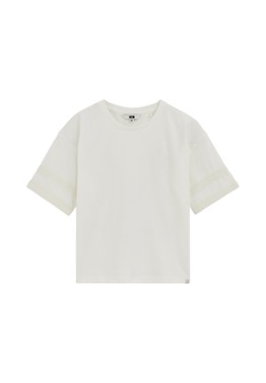 Wit T-shirt met korte mouwen, voorzien van kantafwerking bij de mouwuiteinden, ronde hals en een losse pasvorm, afgebeeld op een effen achtergrond.