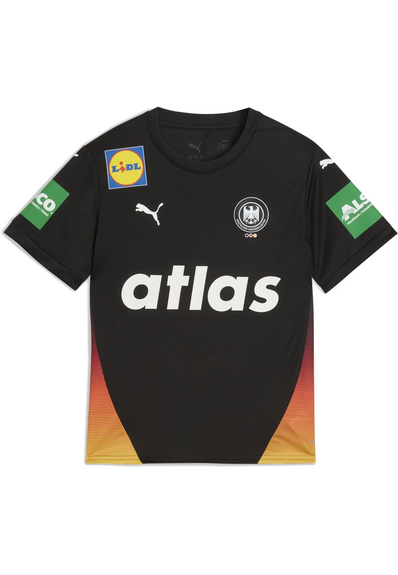 Mustavalge lühikeste varrukatega jersei, millel on gradiendiga oranžid aktsendid, valge "atlas" logo, Puma brändingu ja sponsori logod varrukatel.
