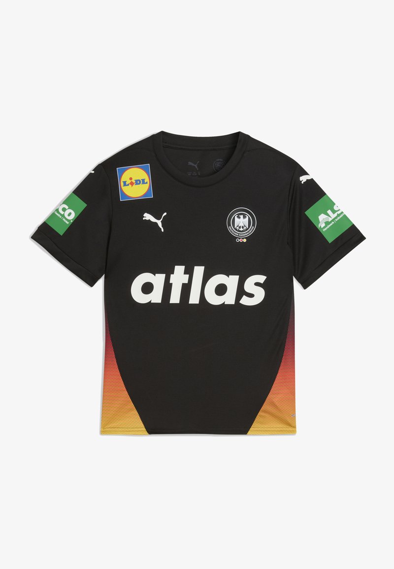 Mustavalge lühikeste varrukatega jersei, millel on gradiendiga oranžid aktsendid, valge "atlas" logo, Puma brändingu ja sponsori logod varrukatel.