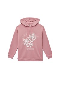 Roze hoodie met een capuchon en trekkoord. Voorzijde met witte bloemmotieven en tekst "SAN DIEGO EST. 1972". Gemaakt van zachte stof.