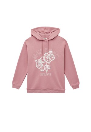 Sudadera con capucha rosa con cordón. Presenta gráficos florales blancos y el texto "SAN DIEGO EST. 1972" en el frente. Fabricada con tela suave.