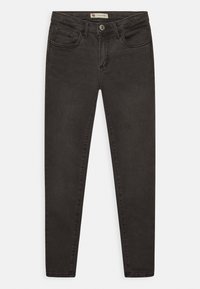 Jeans skinny de mezclilla negra con cierre de botón frontal, cinco bolsillos y un acabado suave, ligeramente texturizado.