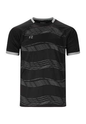 Svart sportströja med grå vågmönster, korta ärmar och rund halsringning. Har en subtil logotyp fram. Tillverkad av lätt material.