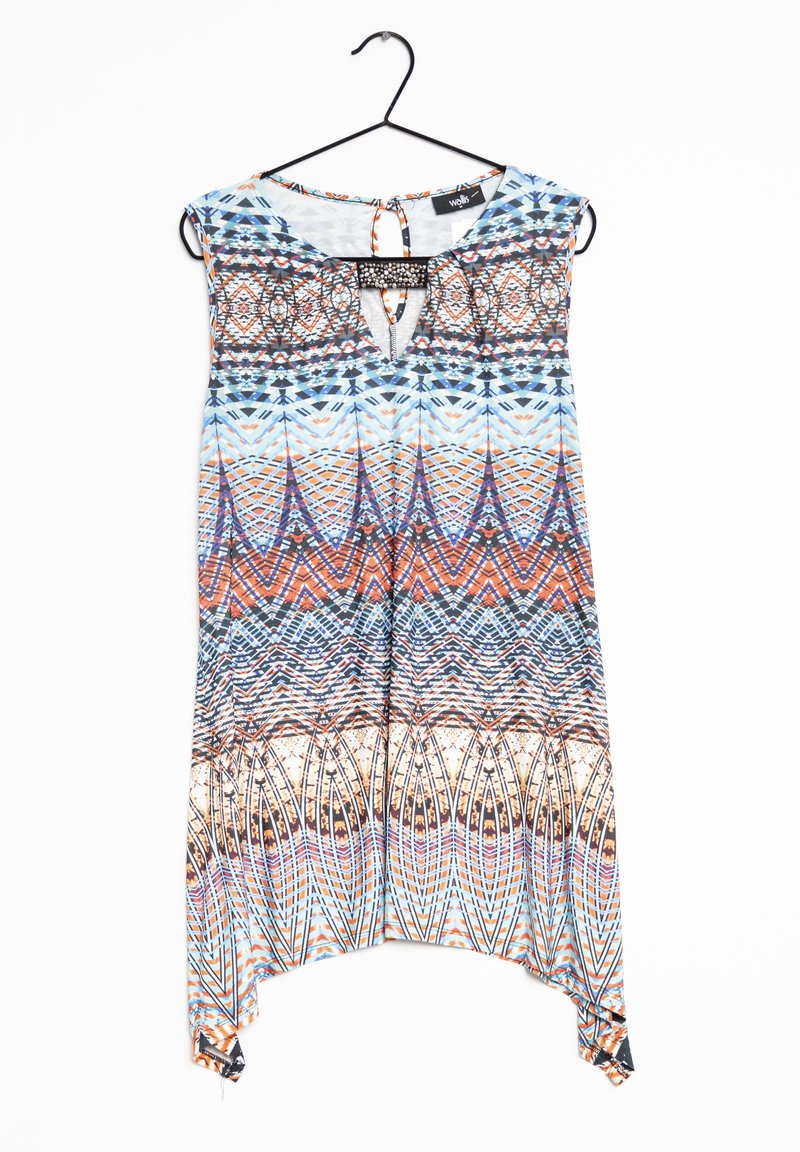 Túnica sin mangas con escote en V, que presenta un vibrante patrón geométrico en tonos de azul, naranja y marrón, y un adorno decorativo de cuentas.