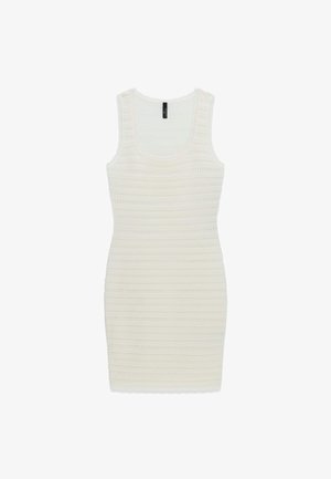 Ärmelloses weißes Strickkleid mit horizontalen, strukturierten Streifen, Rundhalsausschnitt und einer Länge bis zur Mitte des Oberschenkels.