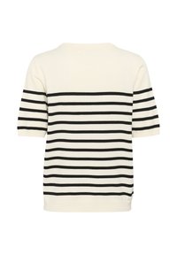 Maglietta bianca a maglia con strisce orizzontali nere, maniche corte, colletto rotondo e vestibilità comoda. Progettata per un abbigliamento casual.