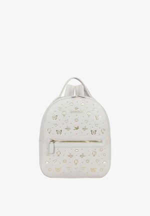 Zaino bianco con dettagli dorati a forma di farfalla, cuore, nuvola, sole, mongolfiera e uccello, tasca frontale con cerniera e doppi spallacci.