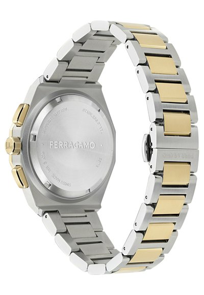 Orologio in acciaio inossidabile argento e oro con cassa ottagonale, vetro zaffiro e cinturino bicolore con maglie rettangolari.