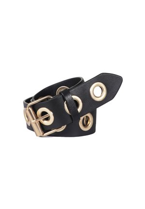 Zwarte leren riem met grote gouden metalen oogjes en een gouden metalen gesp, opgerold en vastgezet met een riemlus.
