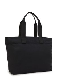 Sort lærredstrapper med to brede stofhåndtag, firkantet design, glat tekstur og forstærket syning ved håndtagets samlinger.