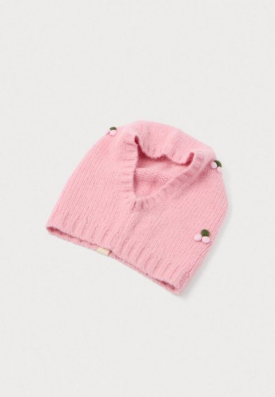 Μαλακό ροζ πλεκτό περιλαίμιο με άνοιγμα σε σχήμα V και μικρές φούντες σε πράσινο και ροζ χρώμα στις άκρες.