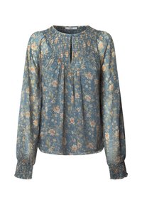 Blusa floreale blu con maniche lunghe, dettagli plissettati, scollatura a chiave e polsini arricciati. Caratterizzata da delicati motivi floreali in colori tenui.