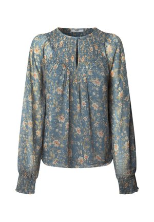 Blusa floreale blu con maniche lunghe, dettagli plissettati, scollatura a chiave e polsini arricciati. Caratterizzata da delicati motivi floreali in colori tenui.