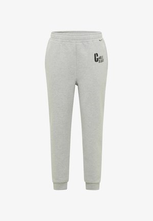 Lichtgrijze joggingbroek met elastische tailleband en boorden, met zwart 'Carlo Colucci' tekstlogo op de bovenkant van de linkerdij.