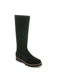 Black suede knee-high boots with a rounded toe and rubber sole. Features minimal stitching and a subtle tan accent at the sole edge.