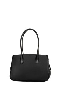 Borsa a tracolla in pelle nera con superficie testurizzata, doppi manici e design strutturato. Presenta un interno spazioso e nessun hardware visibile.