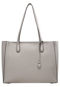 Borsa tote in pelle grigia con due manici superiori, forma quadrata, superficie testurizzata, hardware argentato e un piccolo dettaglio a lucchetto attaccato al lato.
