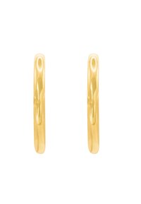 Goldfarbene Creolen mit einer glatten, polierten Oberfläche. Sie haben eine kreisförmige Form und ein dünnes, leichtes Design.